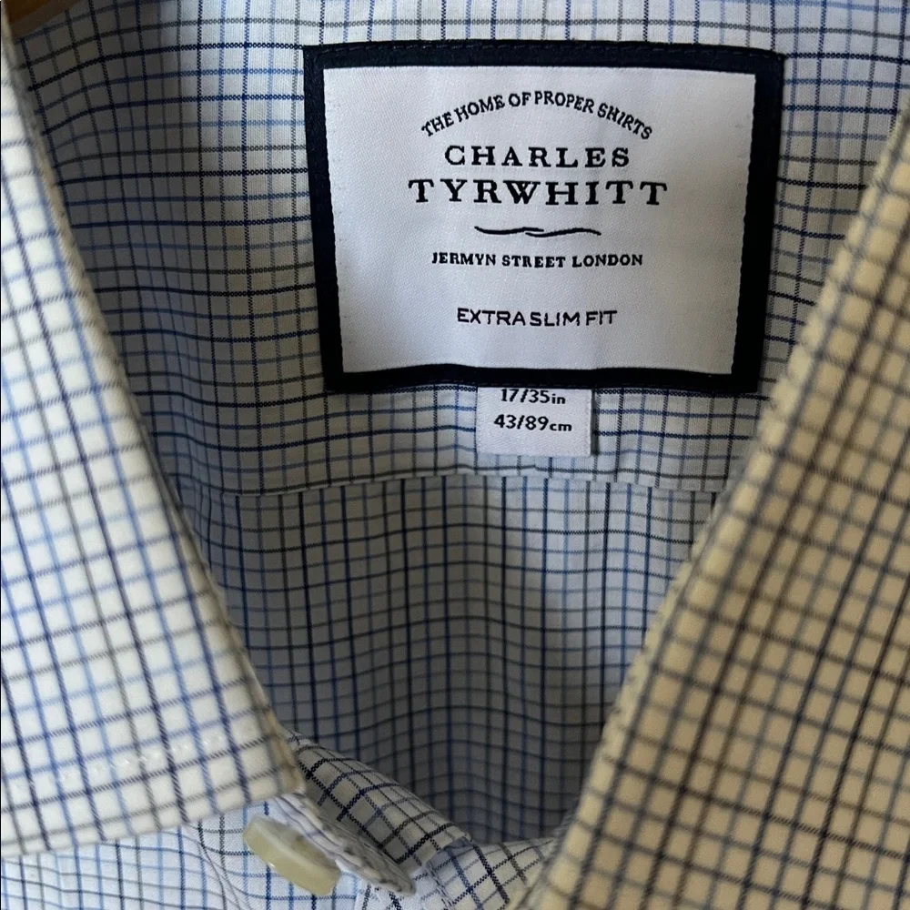Charles Tyrwhitt Light Blue Checkered Dress Shirt 100% Cotton Extra Slim 17/35